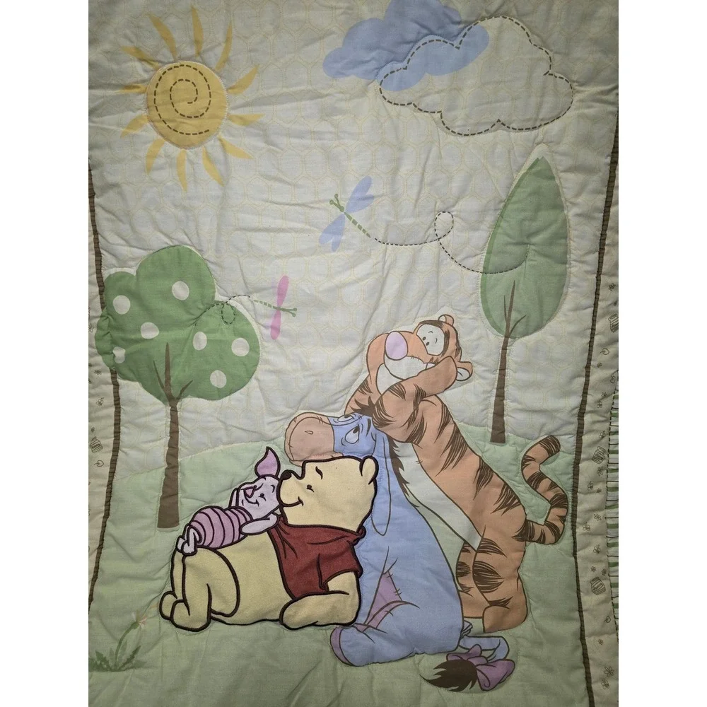 Disney Winnie the Pooh Tigger Eeyore Piglet Baby Crib Quilt Blanket Green Cream